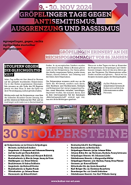 Plakat mit Informationstexten zu den Stolpersteinen 2024