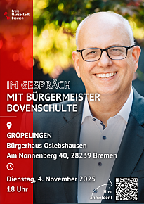 Es ist der Bürgermeister Andreas Bovenschulte auf einem Plakat für das Bürger*innengespräch in Oslebshausen zu sehen Es ist der Bürgermeister Andreas Bovenschulte auf einem Plakat für das Bürger*innengespräch in Oslebshausen zu sehen